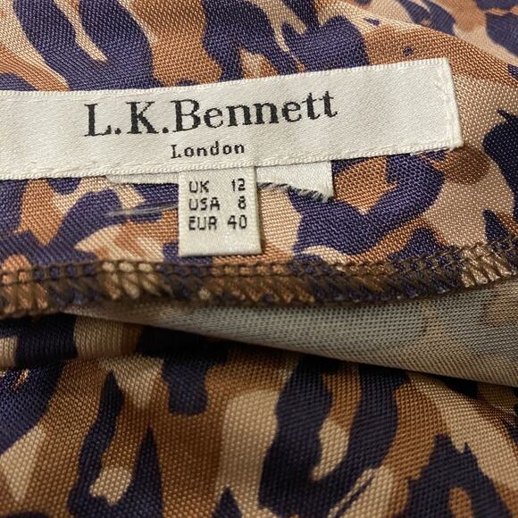 L.K. Bennett Midi Bodycon Dress Women's 8 Purple Tan Silk V Neck Long Sleeve - Picture 5 of 7